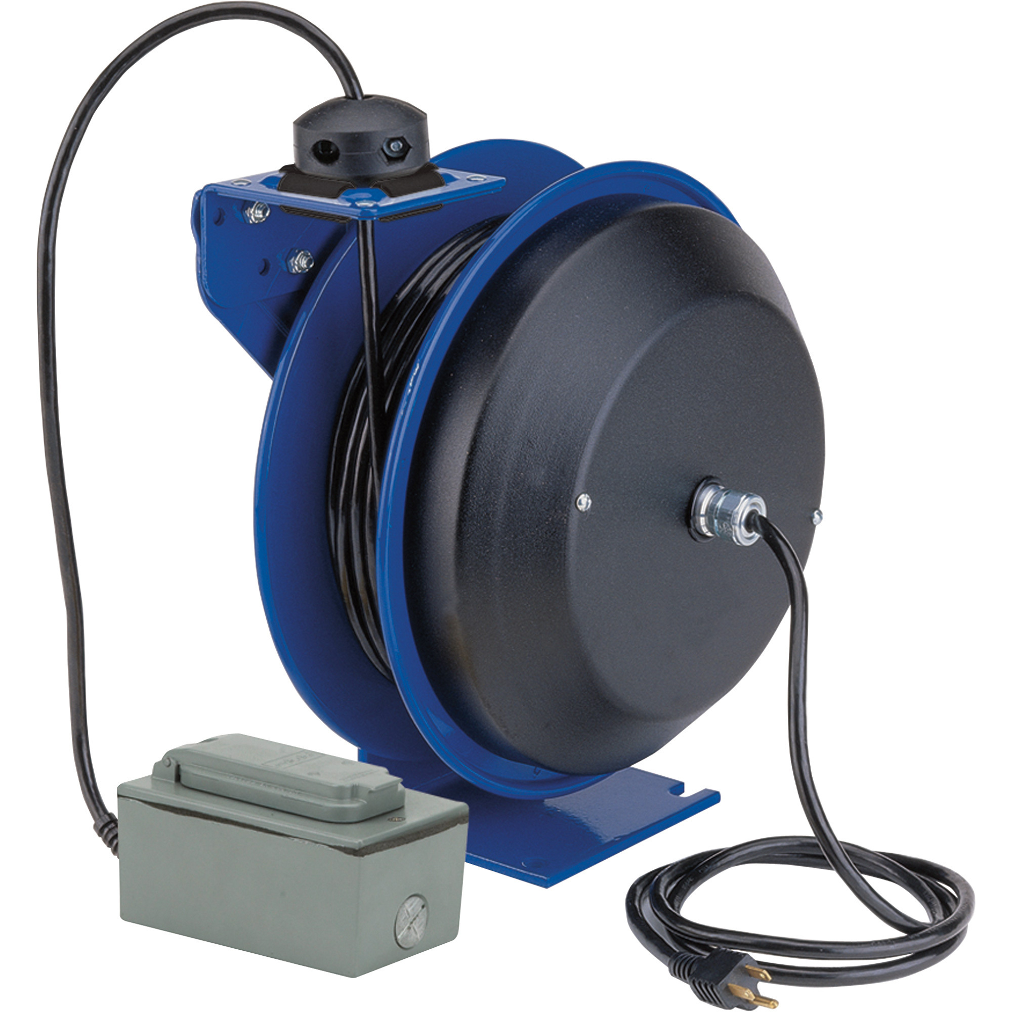 Coxreels PC Series Power Cord Reel, 50Ft., 12/3 Cord, with Duplex Metal GFCI Receptacle, Model# PC13-5012-F